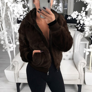 Buy brown Wholesale High Quality Solid Color Hooded Imitation Fur Coat Winter Plus Size Women&#39;s Coats