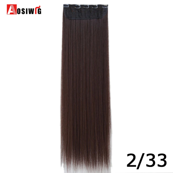 AOSIWIG Long Straight Natural Fake Hairpieces Black Brown Color  High Temperture Synthetic 5 Clip in Hair Extensions for Women