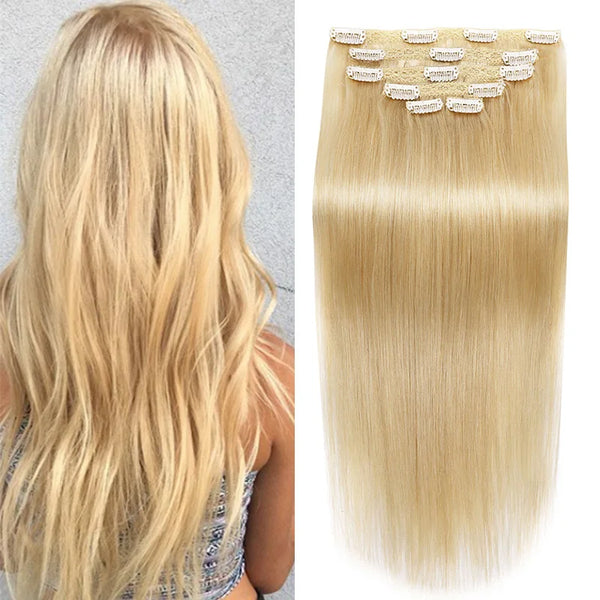 BHF Clip in Human Hair Extensions Remy Natural Hair Clip in Extensions Highlighted Golden Blonde Straight Human Hair Extensions