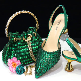 Buy green Diamond Pointed Toe Wedding Shoe and Bag Set for Party