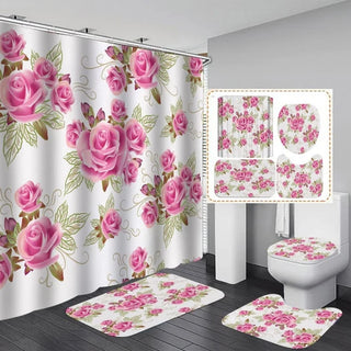 Buy b1 4 Pcs Shower Curtain Sets With 12 Hooks Flowers Floral With Non-Slip Rugs Toilet Lid Cover and Bath Mat Bathroom Decor Set