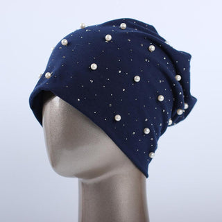 Buy dark-blue Geebro Brand Women&#39;s Beanie Hat Casual Polyester Shine Pearls&amp;Rhinestones Beanies for Women Skull Beanie Hats Bonnet for Female