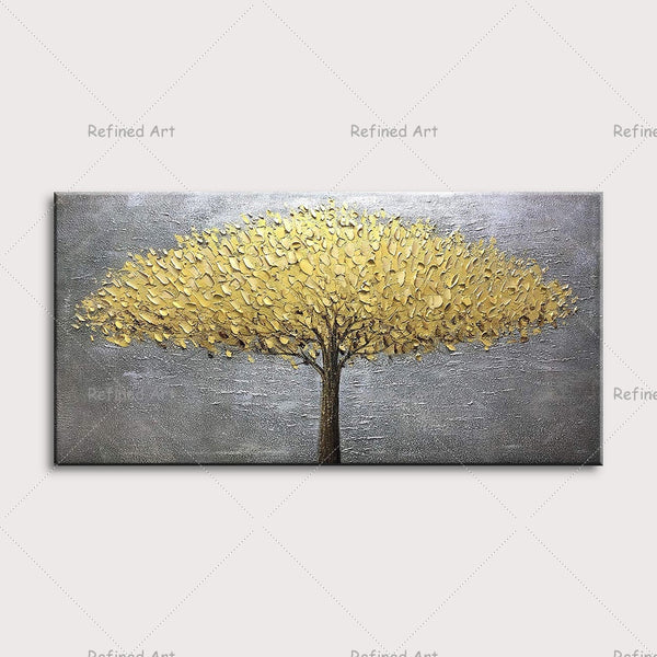 3D Palette Knife Hand-Painted Canvas Oil Painting Abstract Golden Silver Rich Tree Living Room Bedroom Modern Wall Trendy Decor