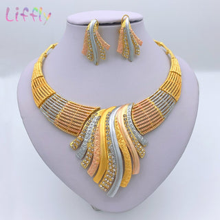 Liffly New Indian Jewelry Sets Multicolor Bridal Wedding Big Crystal Dubai Gold Jewelry Sets for Women Necklace Earrings