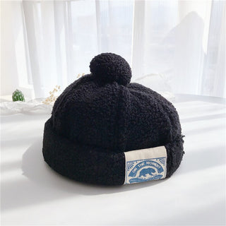 Buy black Japanese-Style Pure Color Children&#39;s  Label Plush Ball Melon Cap Chinese Landlord Hat Fashion Children&#39;s Baby Flannel Warm Hat