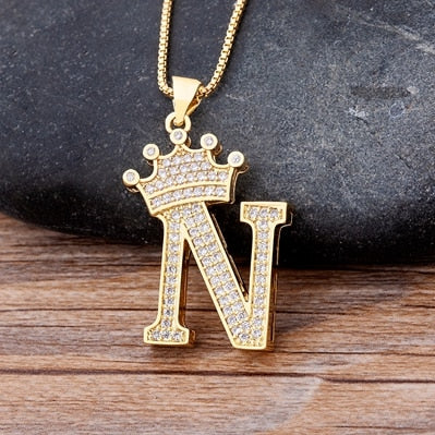 New Luxury Copper Zircon A-Z Crown Alphabet Pendant Chain Necklace Punk Hip-Hop Style Fashion Woman Man Initial Name Jewelry - Webster.direct