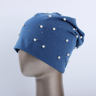 Buy blue Geebro Brand Women&#39;s Beanie Hat Casual Polyester Shine Pearls&amp;Rhinestones Beanies for Women Skull Beanie Hats Bonnet for Female