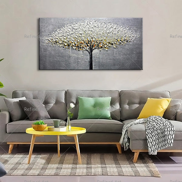 3D Palette Knife Hand-Painted Canvas Oil Painting Abstract Golden Silver Rich Tree Living Room Bedroom Modern Wall Trendy Decor