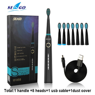 Buy 958-black-8head Seago Sonic Electric Toothbrush Tooth Brush USB Rechargeable Adult Waterproof Ultrasonic Automatic 5 Mode With Travel Case