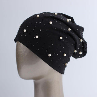 Buy black Geebro Brand Women&#39;s Beanie Hat Casual Polyester Shine Pearls&amp;Rhinestones Beanies for Women Skull Beanie Hats Bonnet for Female