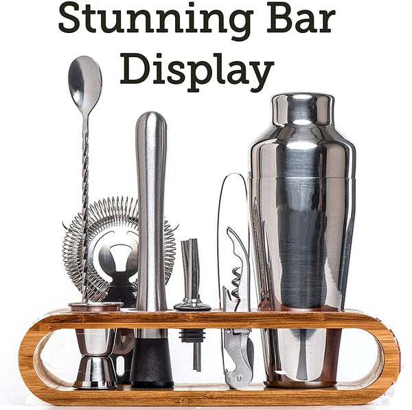 Cocktail Bar Set Mixology Bartender Kit: 10-Piece Bar Tool Set With Stylish Bamboo Stand