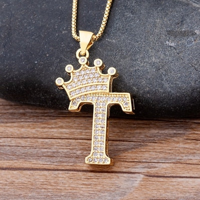 New Luxury Copper Zircon A-Z Crown Alphabet Pendant Chain Necklace Punk Hip-Hop Style Fashion Woman Man Initial Name Jewelry - Webster.direct