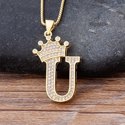 New Luxury Copper Zircon A-Z Crown Alphabet Pendant Chain Necklace Punk Hip-Hop Style Fashion Woman Man Initial Name Jewelry - Webster.direct