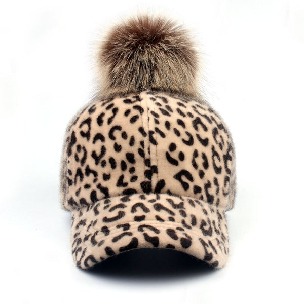 Faux Fur Pompom Ball Leopard Cap