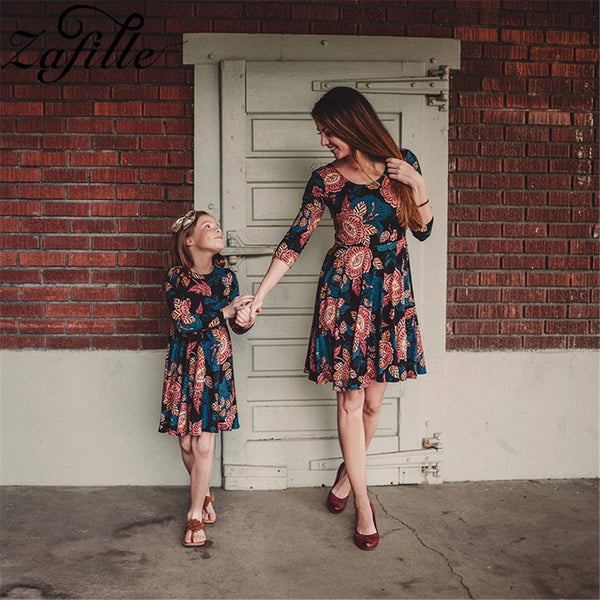 ZAFILLE Family Matching Clothes Three Quarter Autumn Winter Floral Mini Dress Mother Daughter Dresses Mommy and Me Clothes