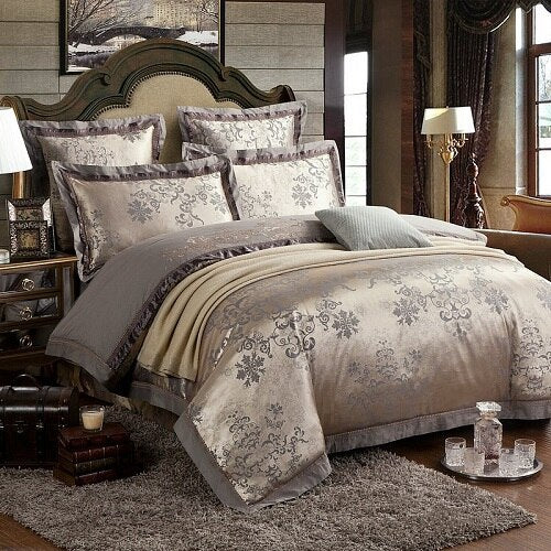 Sliver Gold Luxury Silk Satin Jacquard Duvet Cover Bedding Set