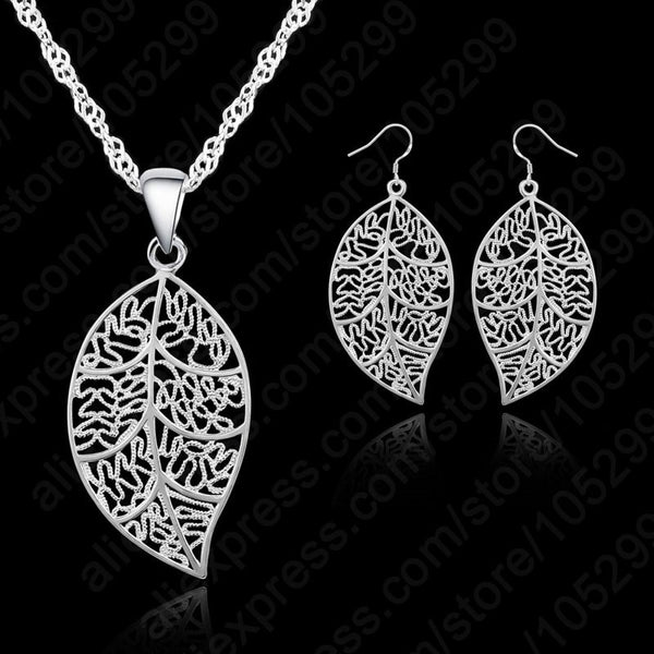 Leaves Earring Hook and Leaf Pendant Necklaces+18" Singapore Chain