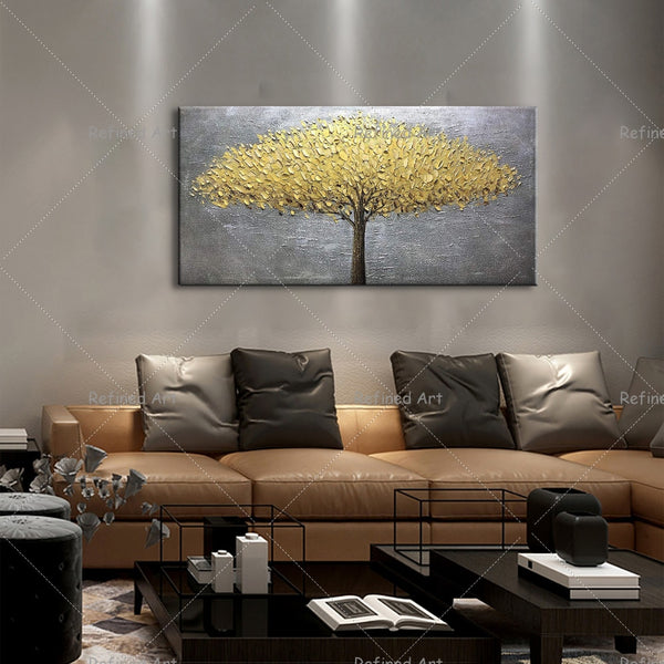 3D Palette Knife Hand-Painted Canvas Oil Painting Abstract Golden Silver Rich Tree Living Room Bedroom Modern Wall Trendy Decor